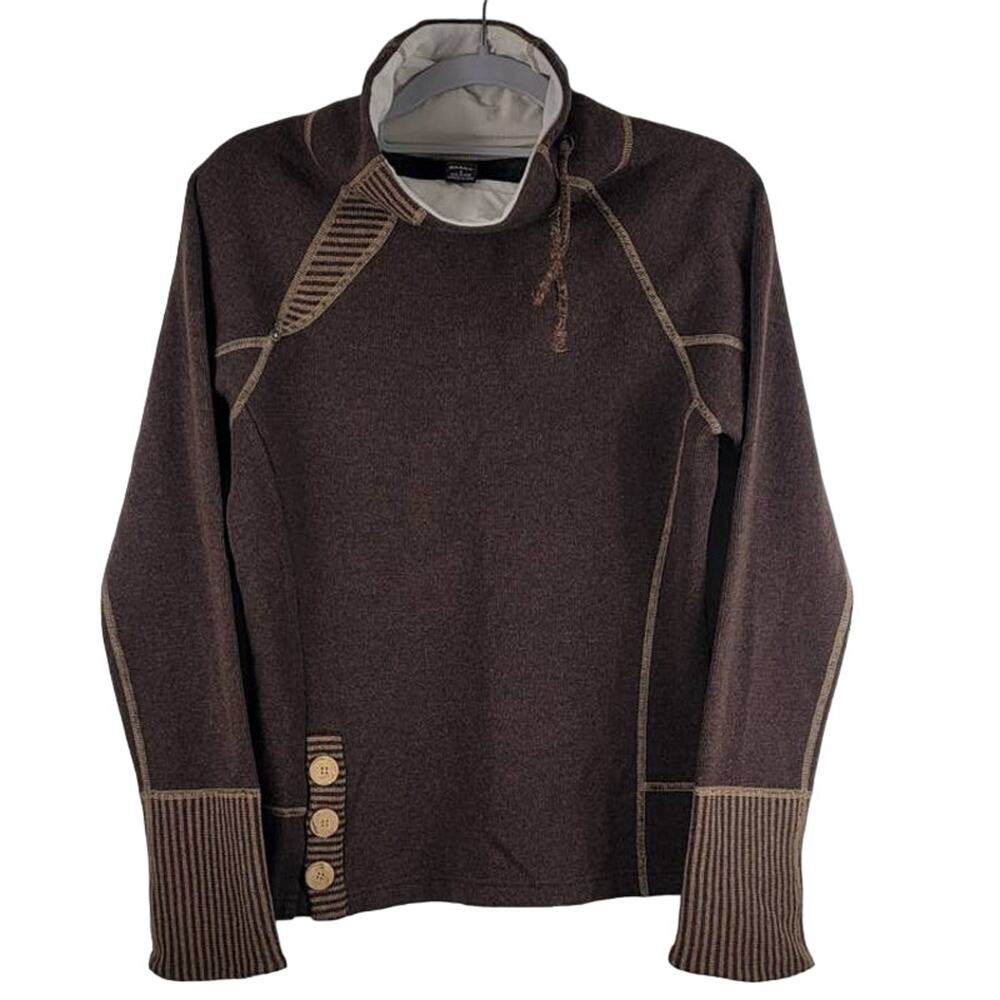 Prana Lucia Brown Stripped Wool Blend High Neck Button Detail Women's Sweater S